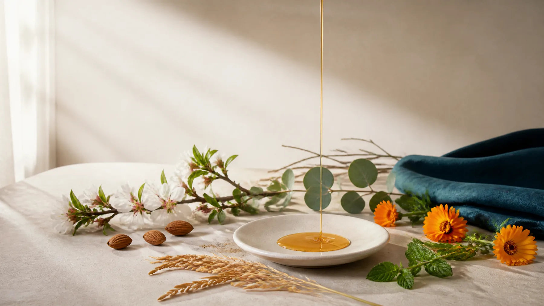Ramas de almendro, caléndula y eucalipto junto a un plato con aceite